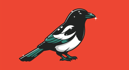 Illustration of a magpie with sparkling highlights on red background