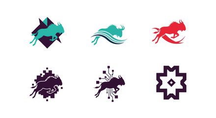 Six stylized animal illustrations in various colors, each with accompanying graphic elements