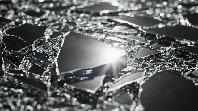 Closeup of shattered glass with sharp edges and reflective surface on black background