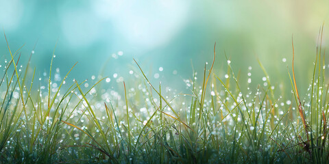fresh dewy morning grass with soft atmospheric mist creating a serene wellness scene featuring a clear wide lower zone for text placement