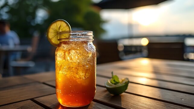 Refreshing Iced Tea in Mason Jar with Lemon Slice on Outdoor Caf&eacute; Table
