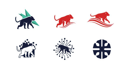 A collection of six stylized primate logos, using shapes and tech-inspired elements