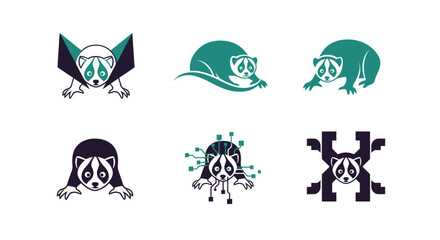 Six distinct badger illustrations, varying in posture and design, on a white background