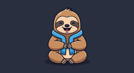 A cartoon sloth in a sitting pose, wearing a blue scarf, smiling, on a dark blue background