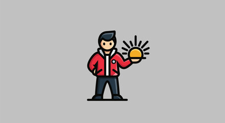 An illustrated man in a red jacket holds a sun, surrounded by rays, on a gray background