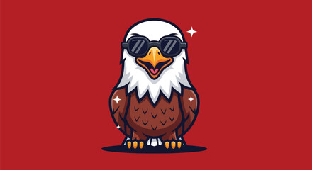 Cartoon eagle, wearing sunglasses, grinning, with stars, on red background