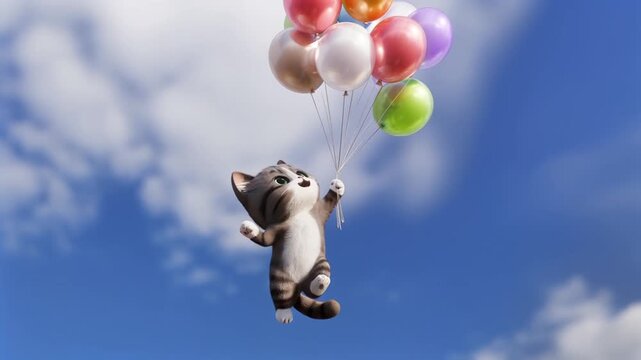 Adorable chibi cat floating with colorful balloons in blue sky