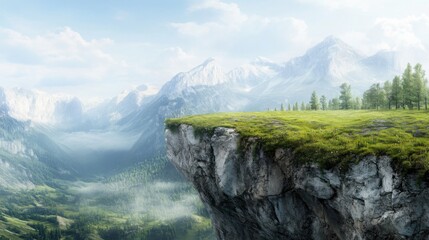 Grassy cliff edge overlooking majestic mountains