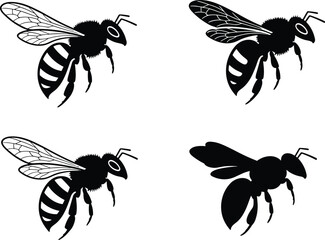 Detailed Black Silhouettes of Flying Honey Bees, Including Solid and Outlined Wings, Perfect for Iconography and Insect Vector Graphics