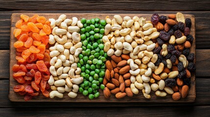 Healthy Assortment of Nuts and Dried Fruit on Wood