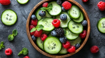 Healthy Cucumber and Berry Salad in Wooden Bowl