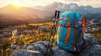 Hiking Backpack and Trekking Poles in Mountain Landscape