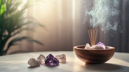 Incense Sticks with Smoke and Crystals on Table
