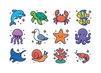 Obraz premium Isometric Ocean Icons. Ocean Wildlife. Colorful isometric vector