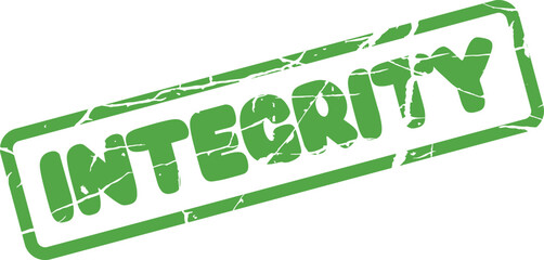 Grungy green rectangular stamp featuring the word Integrity representing honesty and ethical principles