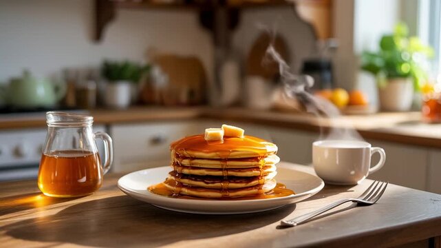 Good Morning Wednesday with pancakes coffee and sunny breakfast vibe