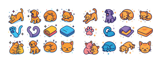 Cute cartoon cats and dogs in various adorable poses