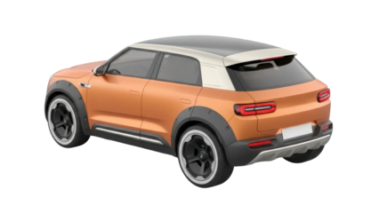 Modern orange SUV car PNG isolated on transparent background, stylish electric vehicle with unique design and futuristic features