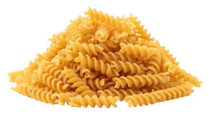 Pile of dry fusilli pasta isolated on transparent background, uncooked Italian spiral noodles PNG for culinary and food design projects