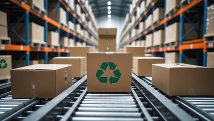 &ldquo;Warehouse with recycling boxes on conveyor belt &mdash; AI-generated&rdquo;