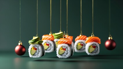 &ldquo;Sushi as Christmas ornaments with festive baubles &mdash; AI-generated&rdquo;