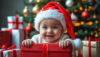 &ldquo;Baby in Santa hat with gift box by Christmas tree &mdash; AI-generated&rdquo;