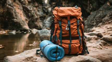 Orange Backpack and Rolled Sleeping Pad for Outdoor Adventure