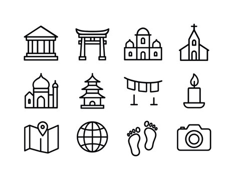 Sacred Sites Icons. Sacred Sites Tourism. Line icon set of Sacre