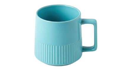 Stylish light blue ceramic mug isolated PNG, modern design with handle for coffee, tea, or hot beverages on transparent background