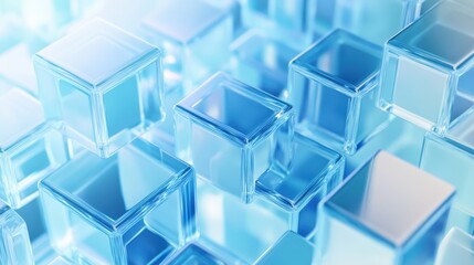 A cluster of transparent blue glass or crystal cubes in various orientations and reflections on a white surface with a soft focus effect