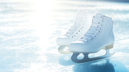 Pair of White Ice Skates on Icy Surface