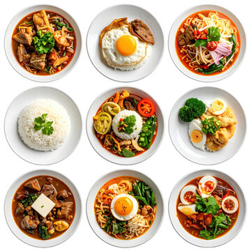 Close-up of a silog meal, highlighting the runny egg yolk over garlic fried rice and the main meat component, isolated on a bright white background