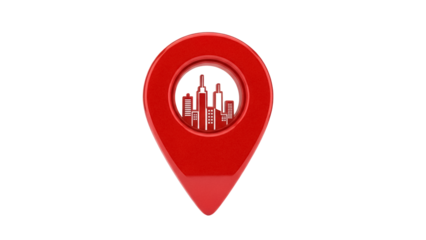 Red location pin with city skyline isolated PNG, map pointer with buildings for navigation and travel concepts on transparent background