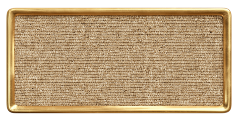 rectangular jute plaque with coarse natural fiber texture and gold frame isolated on white background top view
