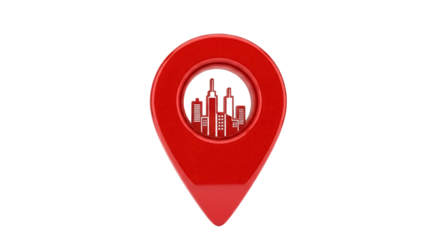 Red location pin with city skyline isolated PNG, map pointer with buildings for navigation and travel concepts on transparent background - Powered by Adobe