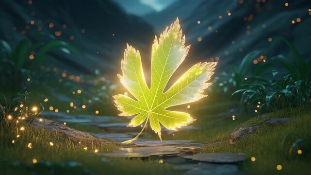 Magical glowing miracle leaf floating in dark mystical forest
