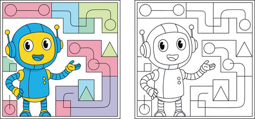 Adorable Cartoon Robot Character with Geometric Shapes Background Perfect for Kids Activities and Educational Designs