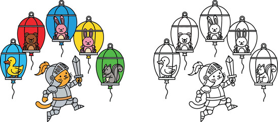 Cartoon Cat Knight Rescuing Caged Animals in Colorful Balloons Adventure and Fantasy Illustration