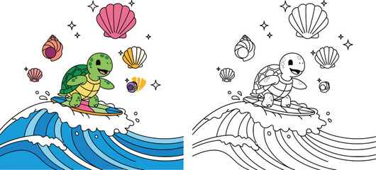 Cute Cartoon Sea Turtle Surfing on Ocean Wave with Seashells and Stars Summer Fun Illustration
