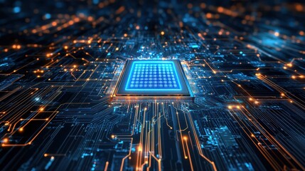 Glowing blue microchip on a circuit board with orange and blue lights