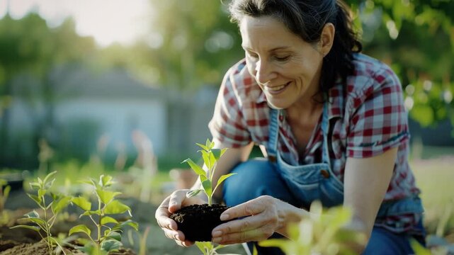Happy gardener working in her plot