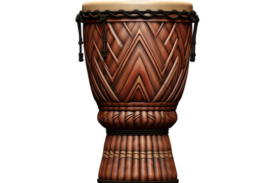 African djembe drum with carved wooden base and decorative rope tuning, Isolated to Transparent Background