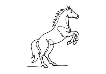 A single continuous line drawing of a majestic horse rearing up on its hind legs with a flowing mane and tail.