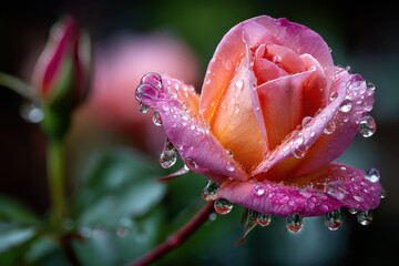 Pink and orange rose with water droplets after rain