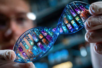 Scientist examining a colorful DNA model in a laboratory setting during the daytime