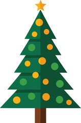 Decorated Christmas Tree with Star and Yellow Green Ornaments &ndash; Isolated on Transparent Background Flat Holiday Vector