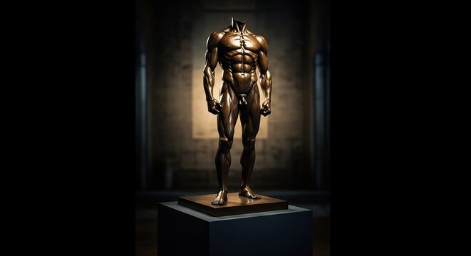 Bronze headless nude male figure displayed on a pedestal against a dark background