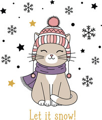 Cute Winter Cat Illustration with Knit Hat, Scarf and Falling Snow Vector
