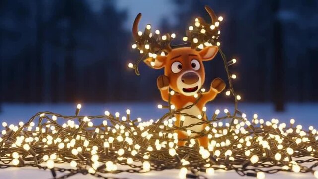 Cute cartoon reindeer tangled in glowing christmas string lights in a snowy forest setting at night