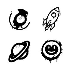 Black Graffiti Spray Paint Icons Set: Space Rocket, Planet, Orbit Symbol, and Smiley Face
